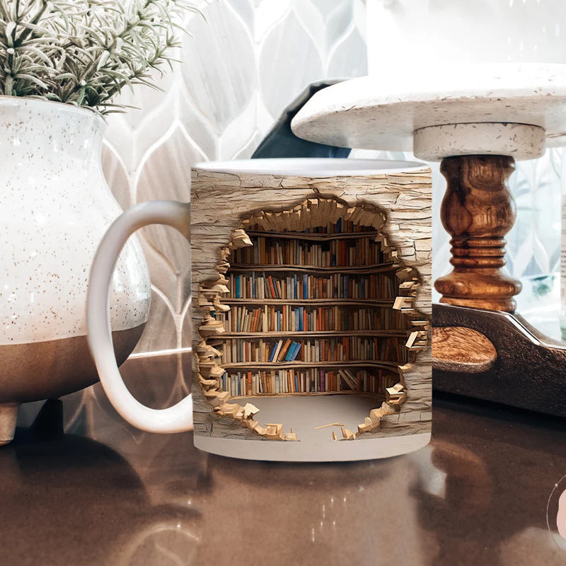 3D Bookshelf Coffee Mug Ceramic Set of 2 or 3 10