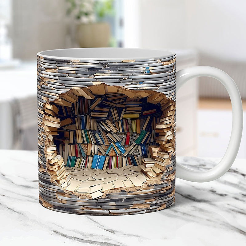 3D Bookshelf Coffee Mug Ceramic Set of 2 or 3 4