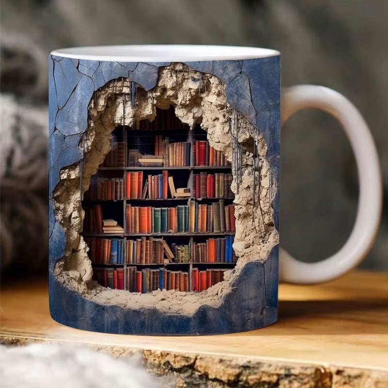 3D Bookshelf Coffee Mug Ceramic Set of 2 or 3 5