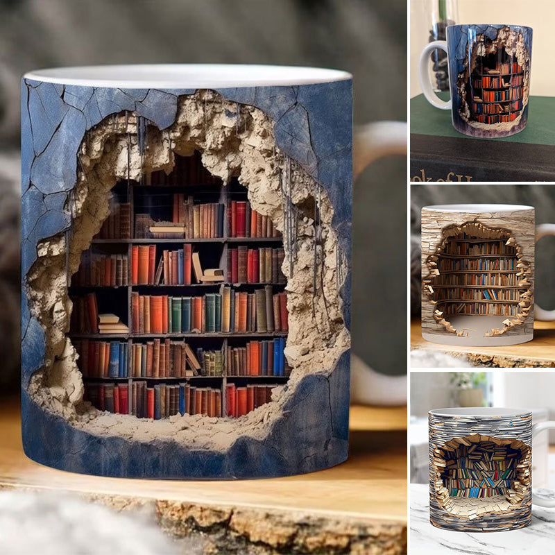 3D Bookshelf Coffee Mug Ceramic Set of 2 or 3 6