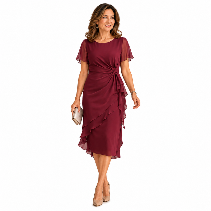 LORRAINE | SCULPTED SILHOUETTE RUFFLE MIDI DRESS