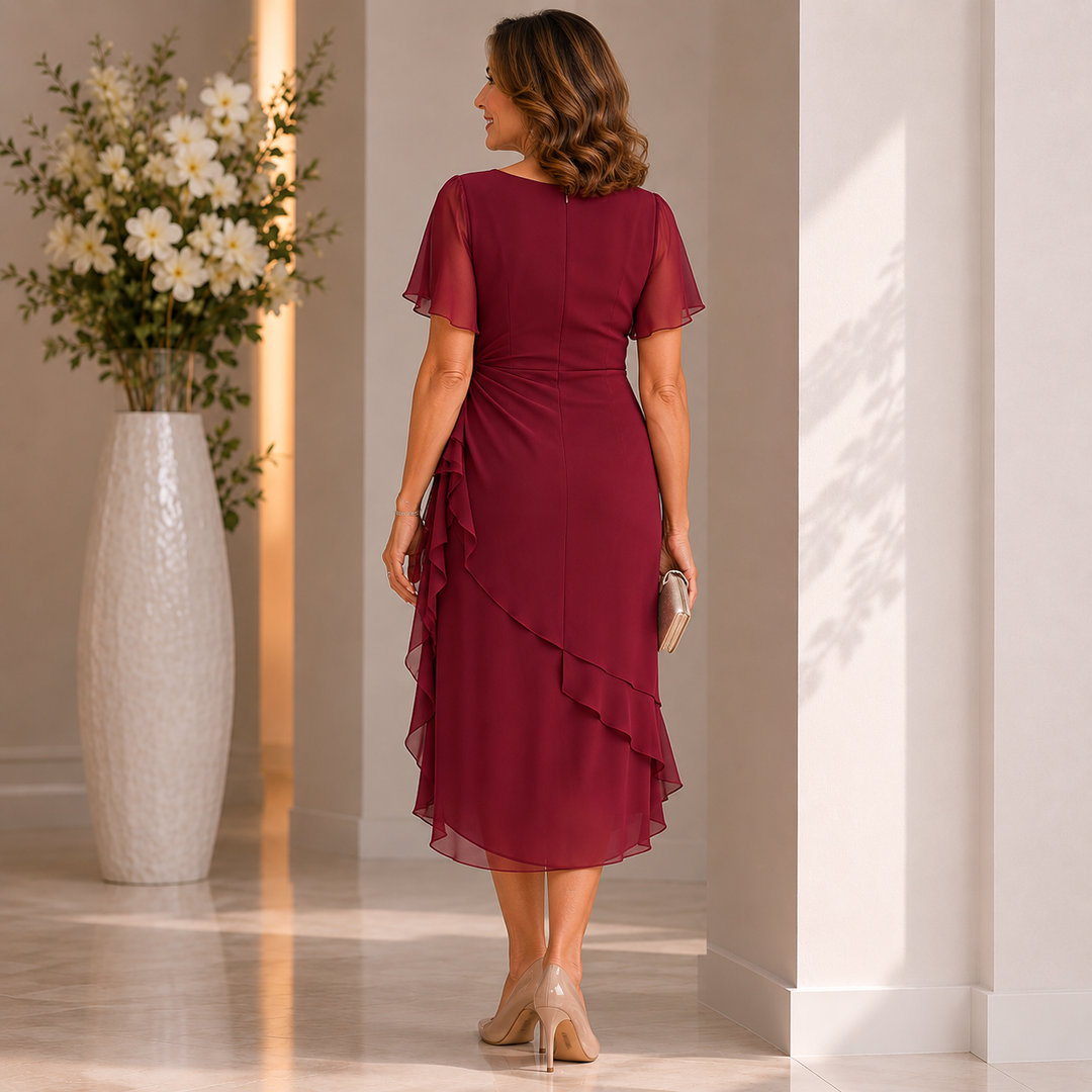 LORRAINE | SCULPTED SILHOUETTE RUFFLE MIDI DRESS