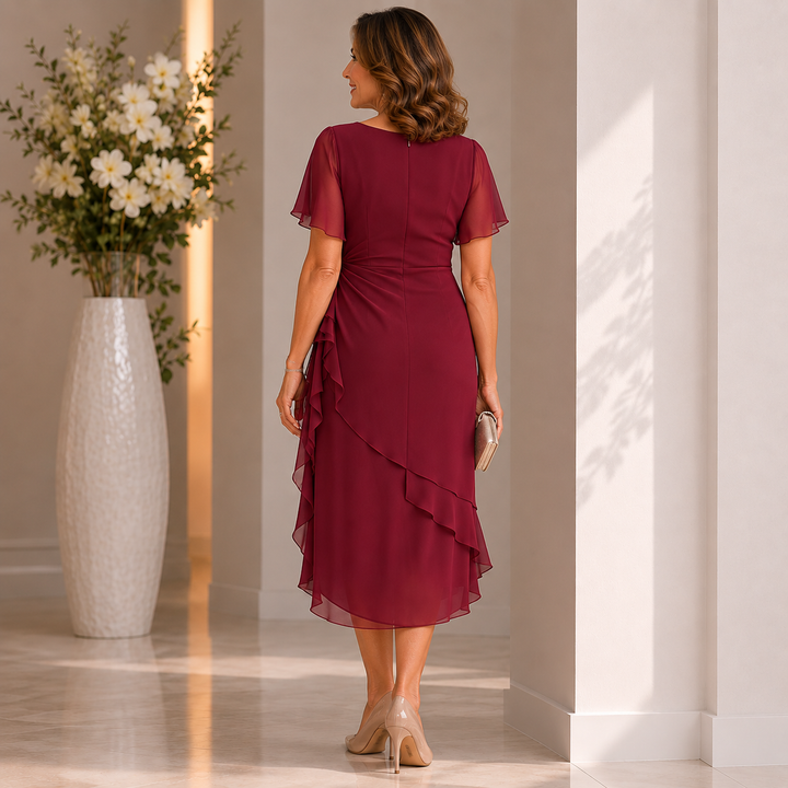 LORRAINE | SCULPTED SILHOUETTE RUFFLE MIDI DRESS