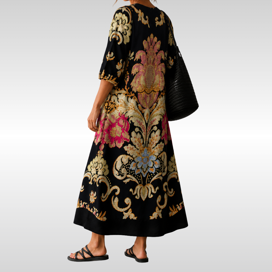 LEONA | FORGIVING DRAPE PRINT MIDI DRESS