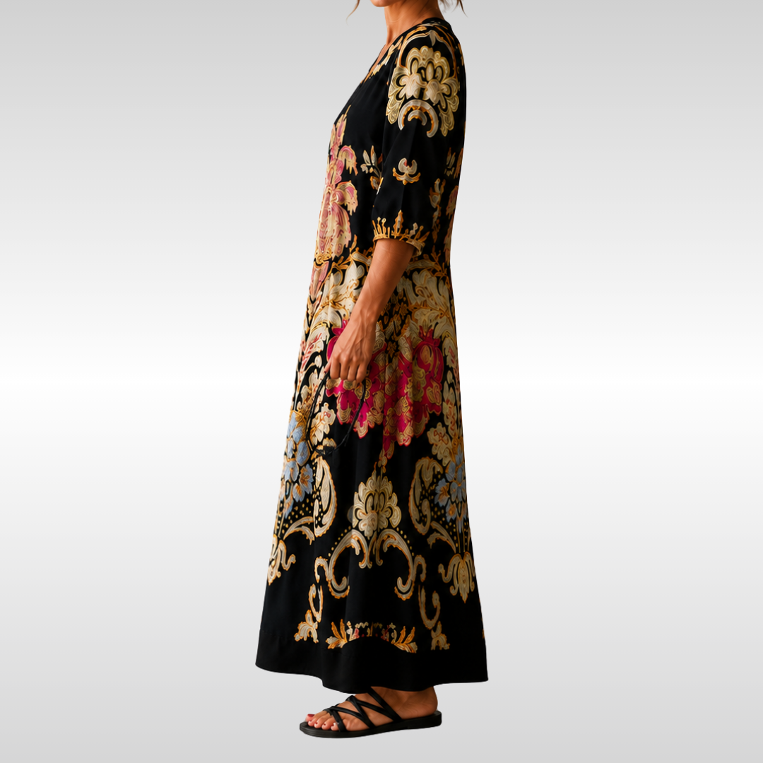 LEONA | FORGIVING DRAPE PRINT MIDI DRESS