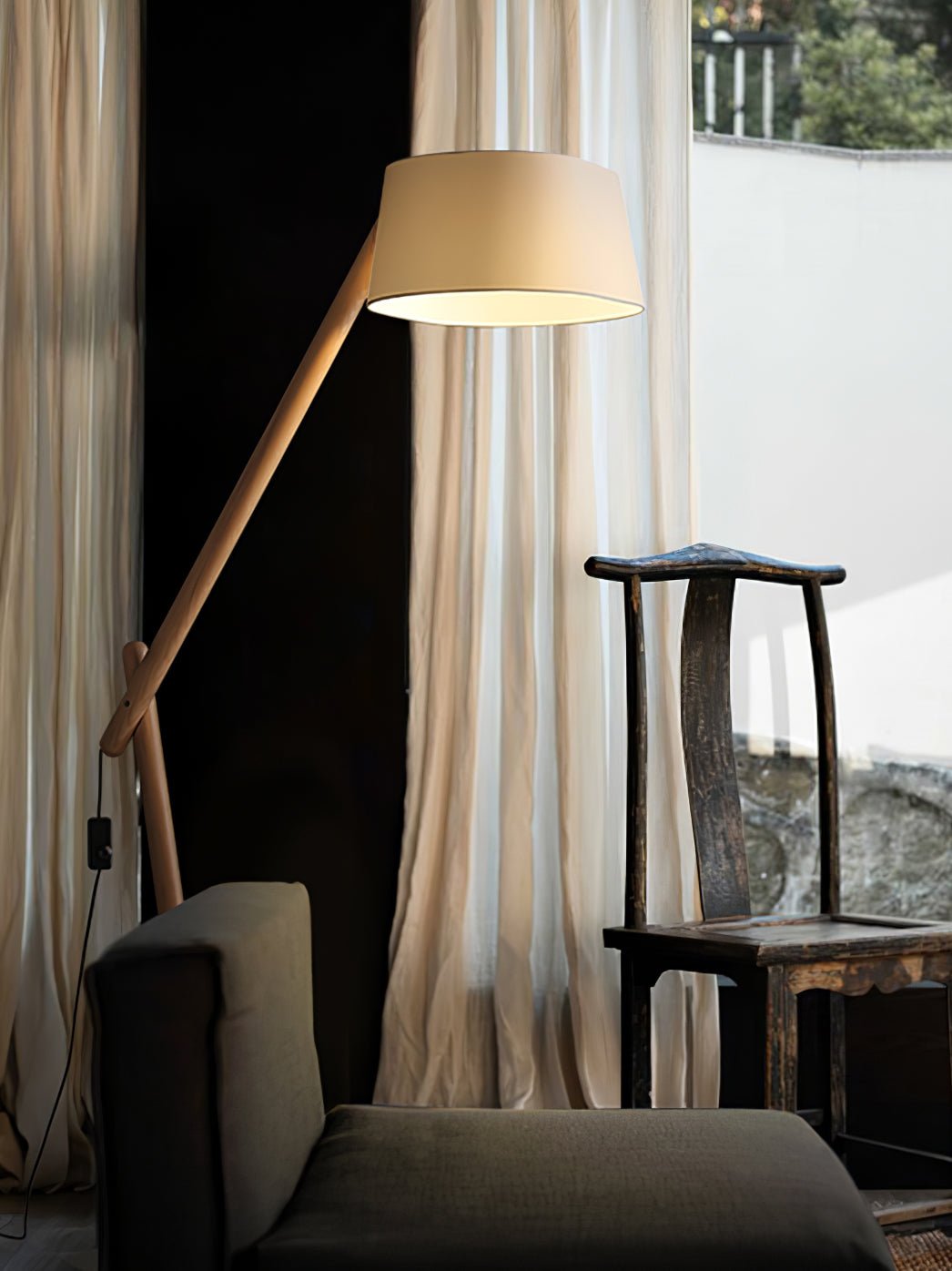 Adjustable Arm Floor Lamp Wood Frame White Fabric Shade 65 in 7