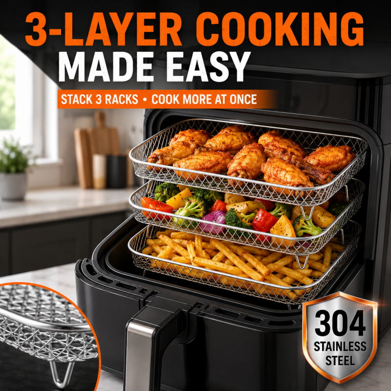 Air Fryer Rack Set of 3 Stackable Stainless Steel Rectangular 4