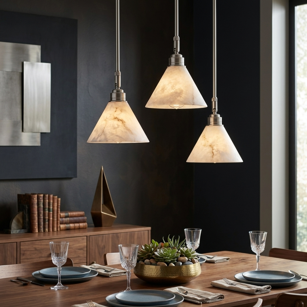 Alabaster Cone Pendant Light Slim Downrod 6.7 in Set of 2 6