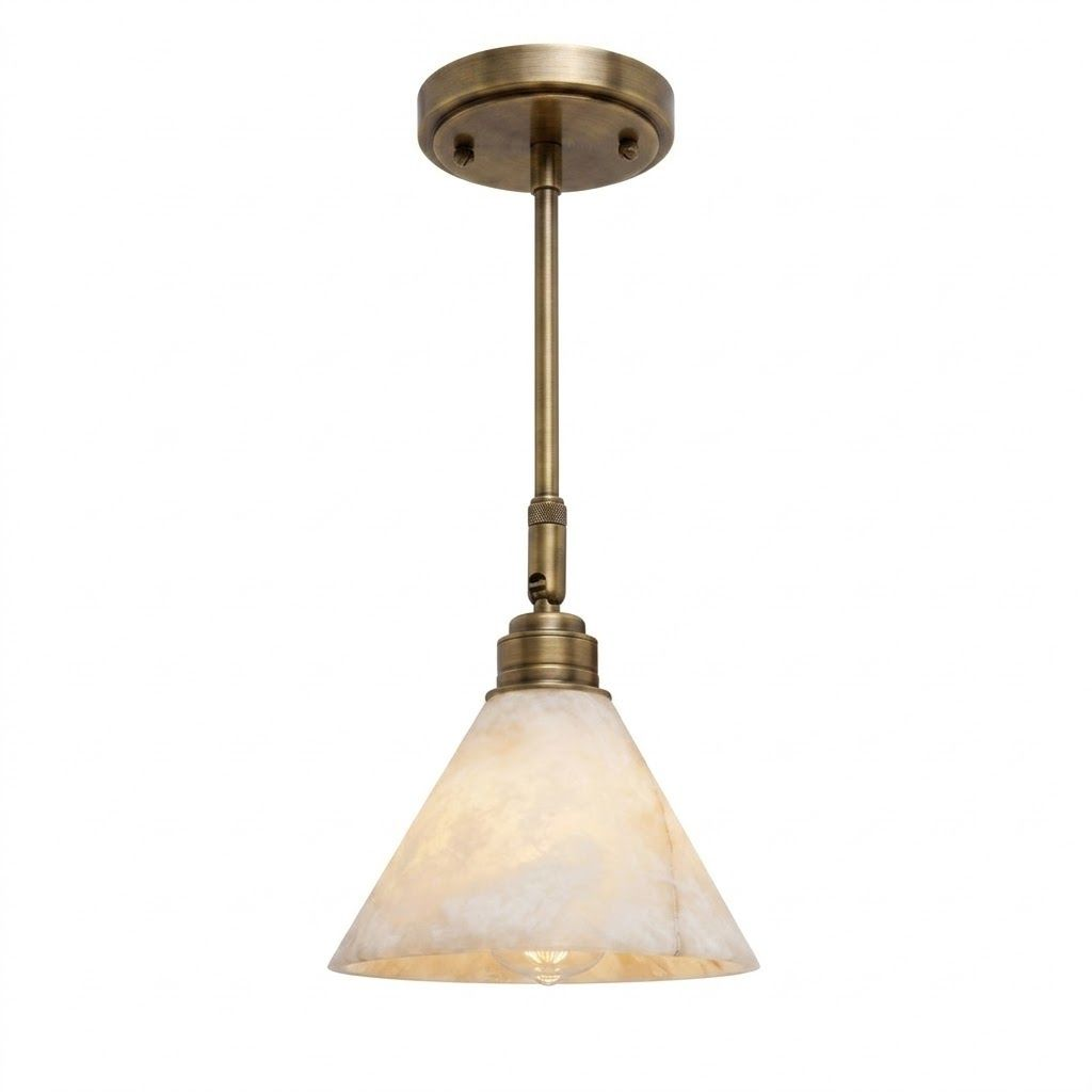 Alabaster Cone Pendant Light Slim Downrod 6.7 in Set of 2 Aged Brass 1