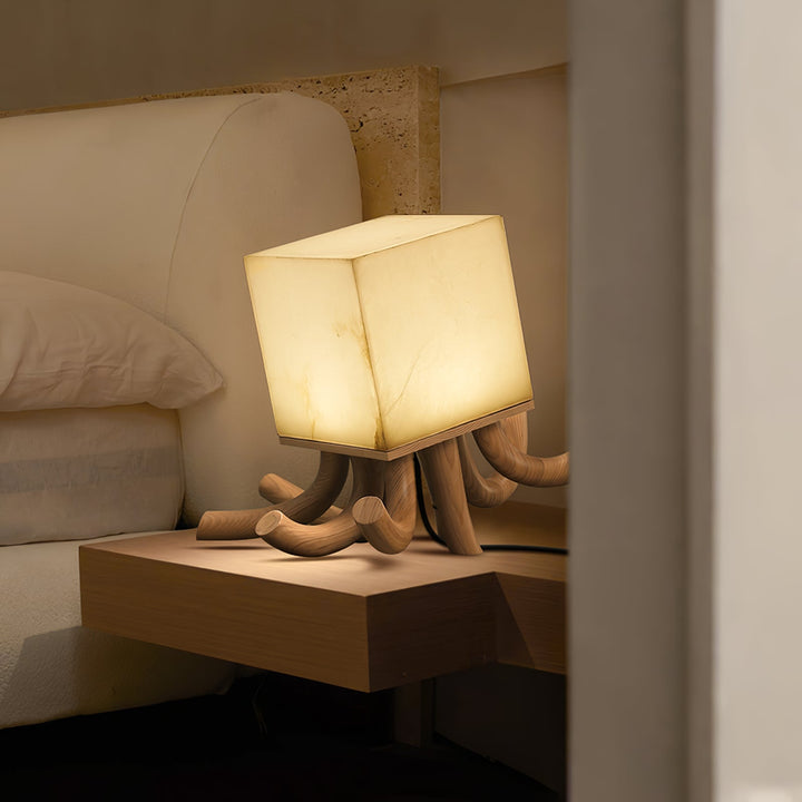 Alabaster Cube Table Lamp Carved Wood Root Base 15.3 in Set of 2 2