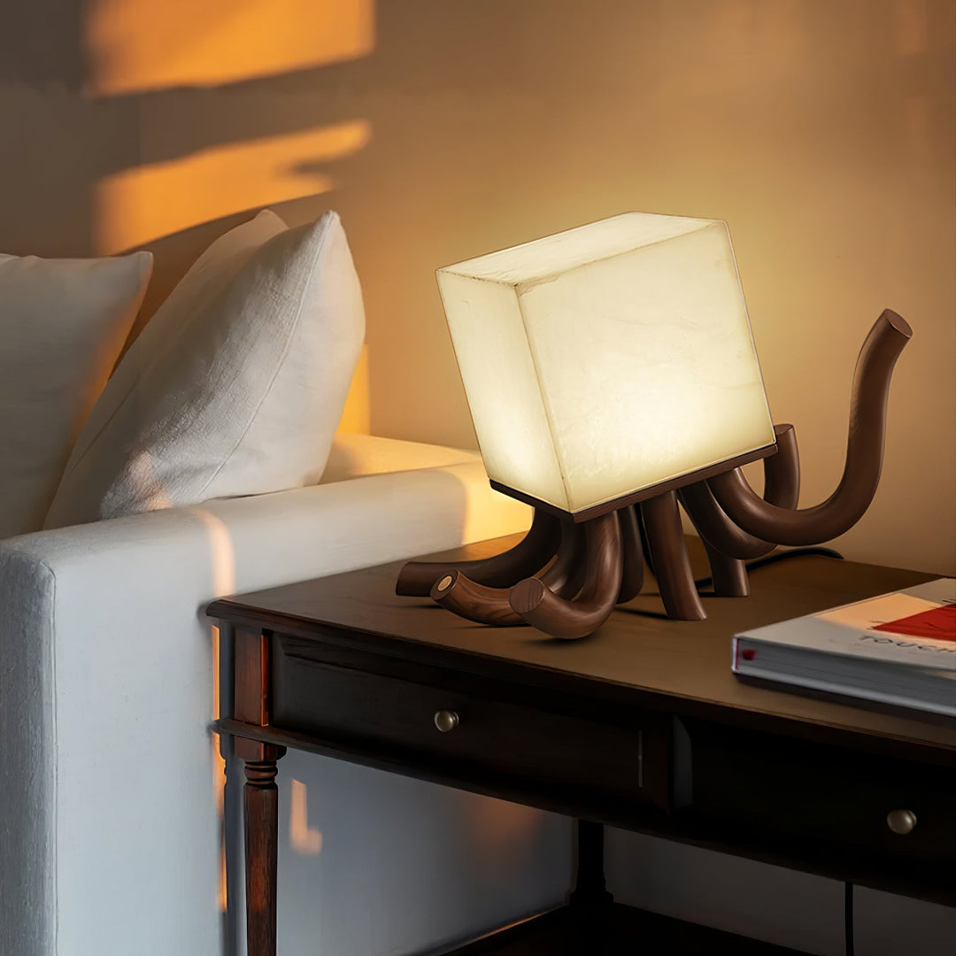 Alabaster Cube Table Lamp Carved Wood Root Base 15.3 in Set of 2 3