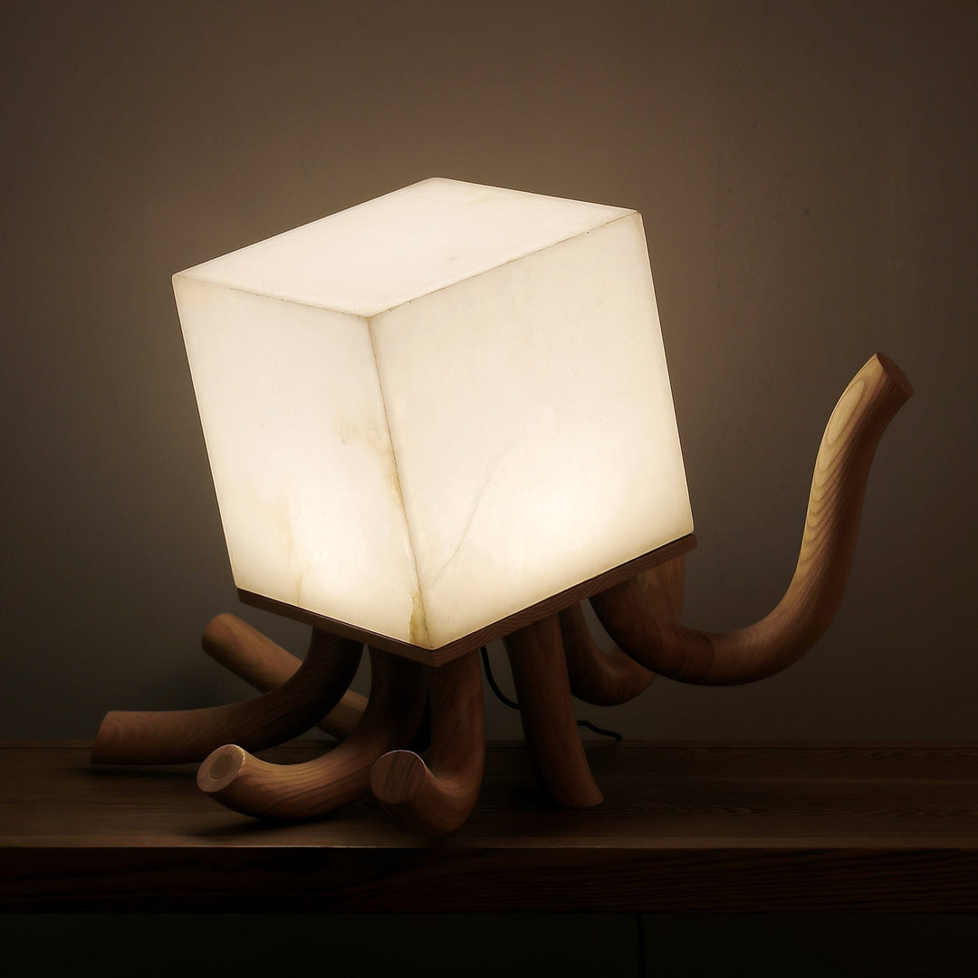 Alabaster Cube Table Lamp Carved Wood Root Base 15.3 in Set of 2 4