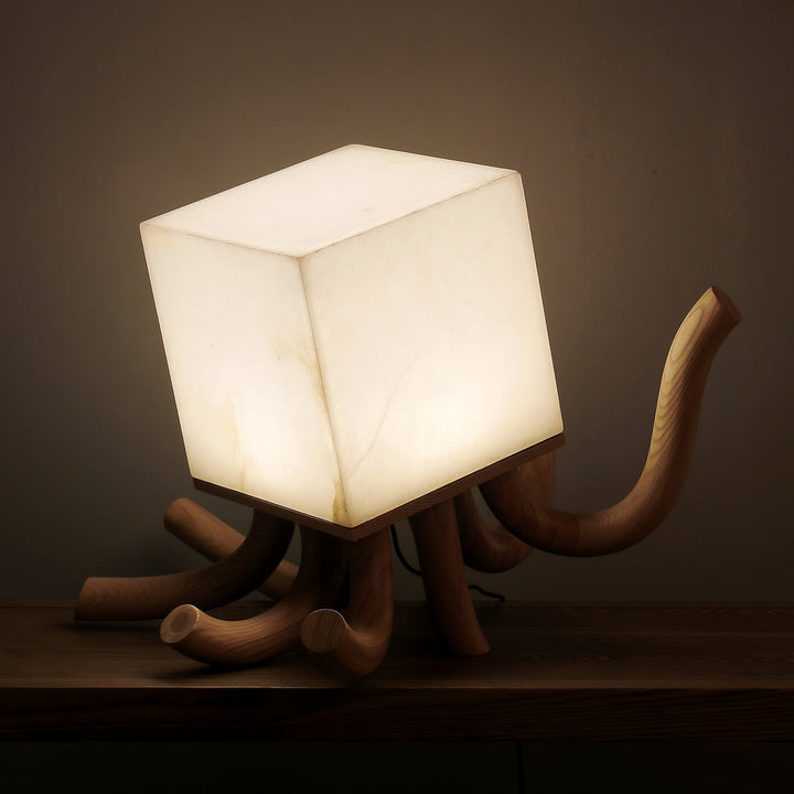 Alabaster Cube Table Lamp Carved Wood Root Base 15.3 in Set of 2 4
