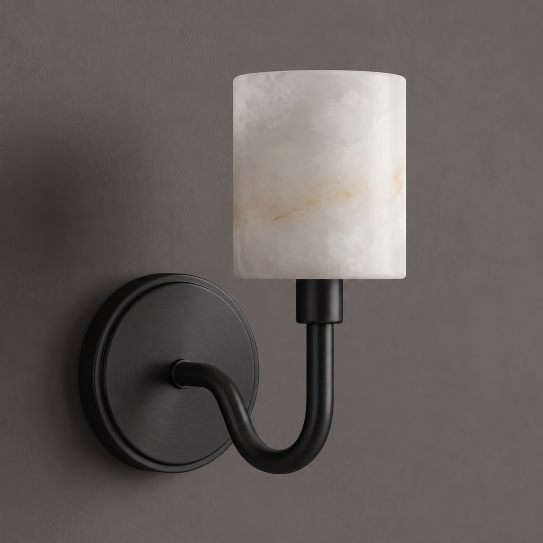 Alabaster Cylinder Wall Sconce Curved Arm 4.7 x 11 in Black 1