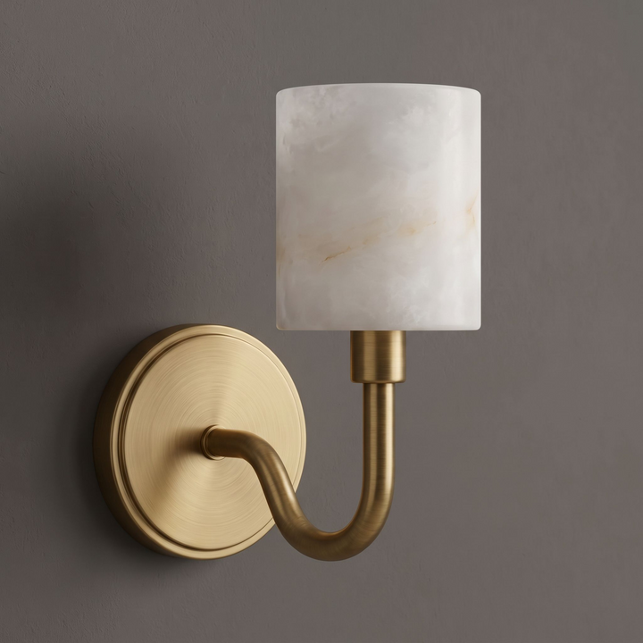 Alabaster Cylinder Wall Sconce Curved Arm 4.7 x 11 in Brass 1