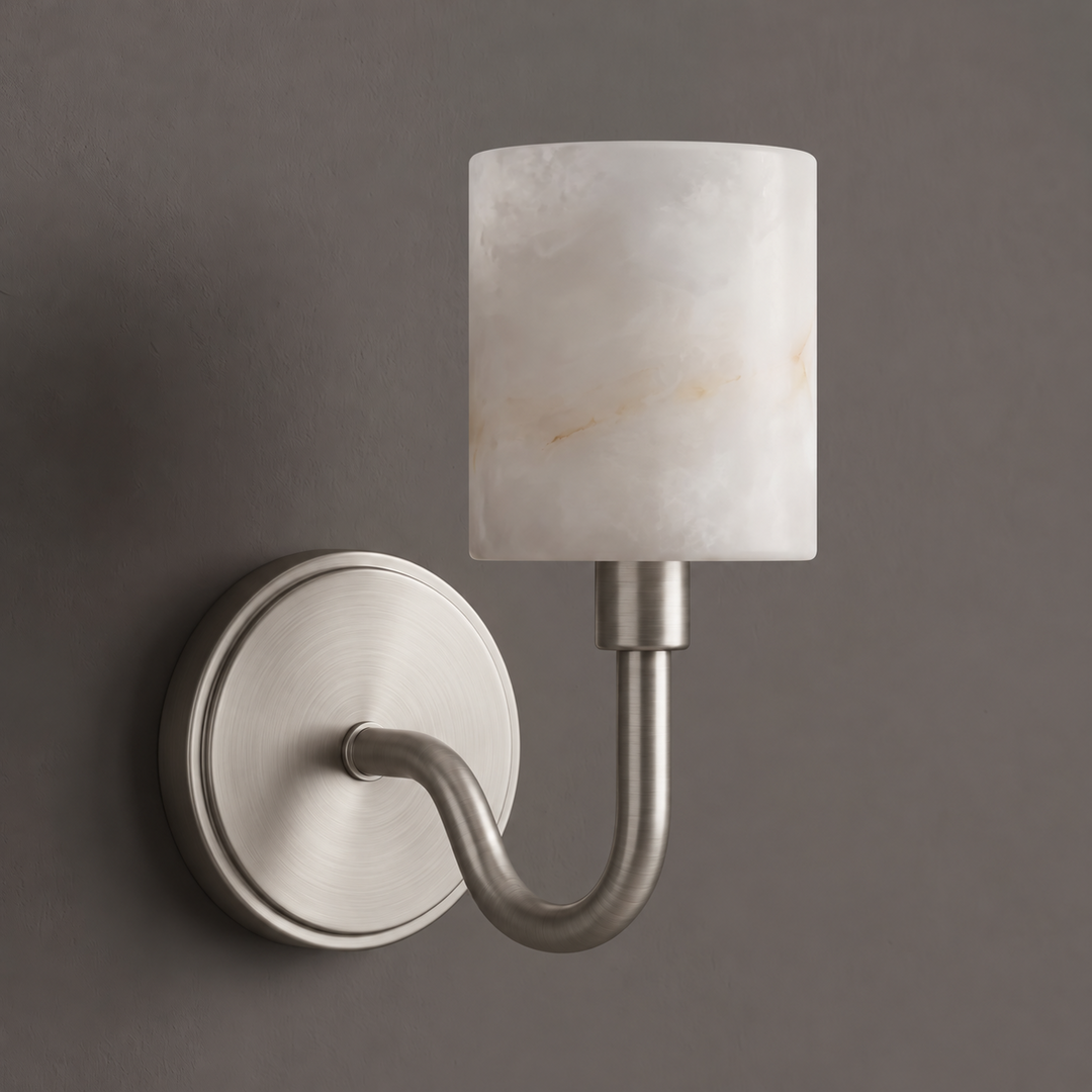 Alabaster Cylinder Wall Sconce Curved Arm 4.7 x 11 in Brushed Nickel 1