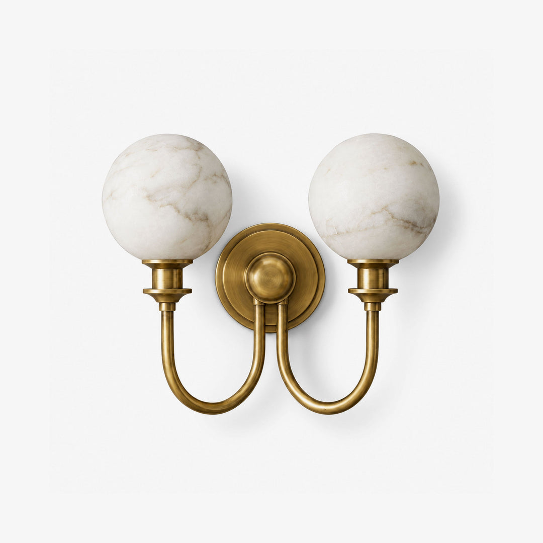 Alabaster Double Wall Sconce Two Globes Curved Arms 13.5 in 1