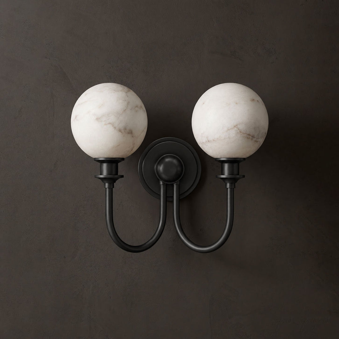 Alabaster Double Wall Sconce Two Globes Curved Arms 13.5 in Black 1