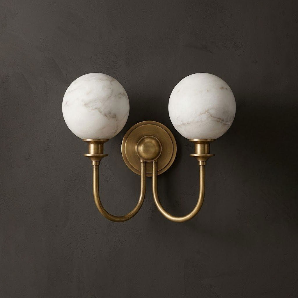 Alabaster Double Wall Sconce Two Globes Curved Arms 13.5 in Brass 1
