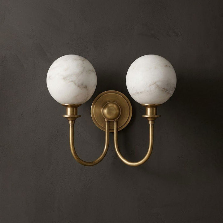 Alabaster Double Wall Sconce Two Globes Curved Arms 13.5 in Brass 1