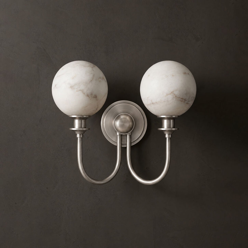 Alabaster Double Wall Sconce Two Globes Curved Arms 13.5 in Brushed Nickel 1