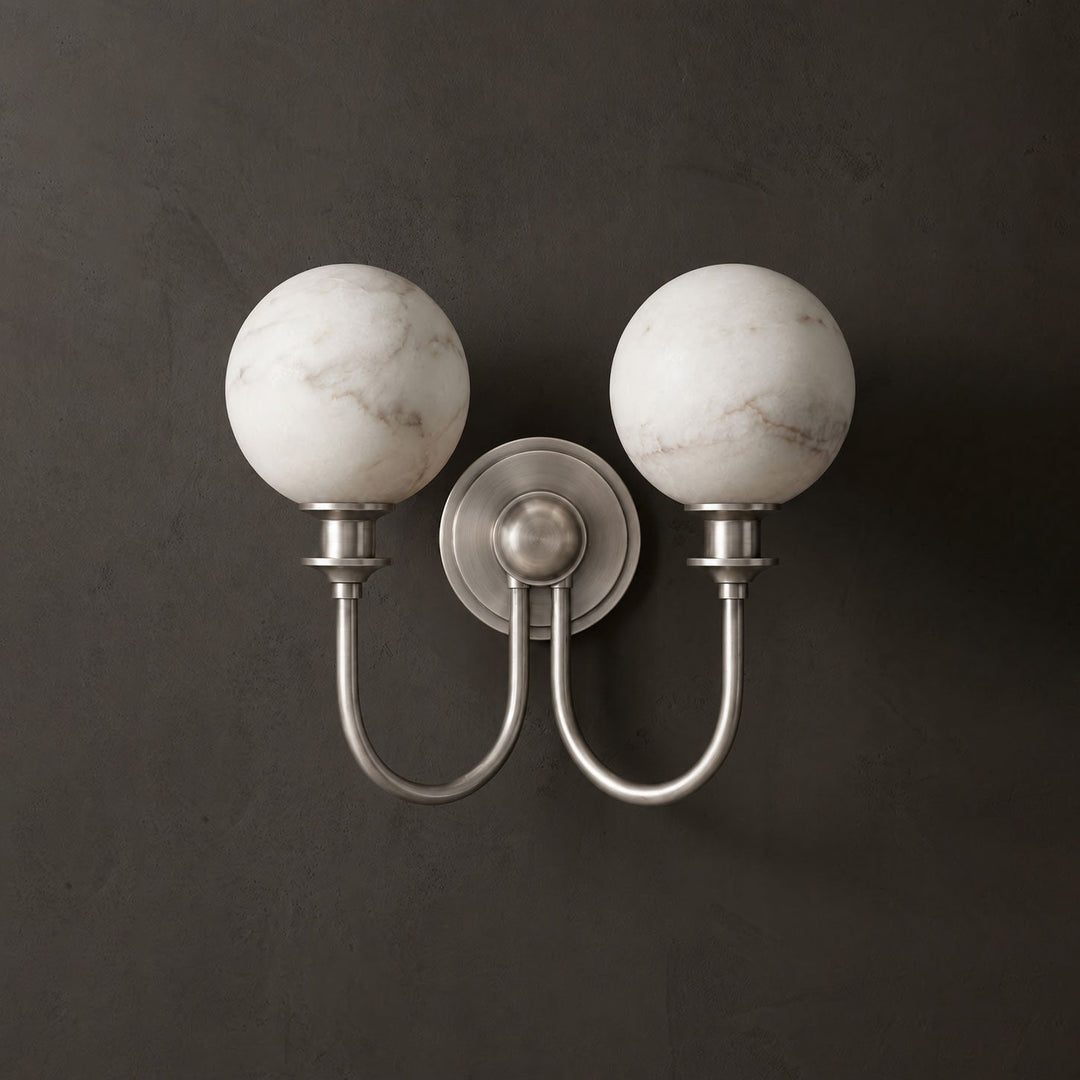 Alabaster Double Wall Sconce Two Globes Curved Arms 13.5 in Brushed Nickel 1