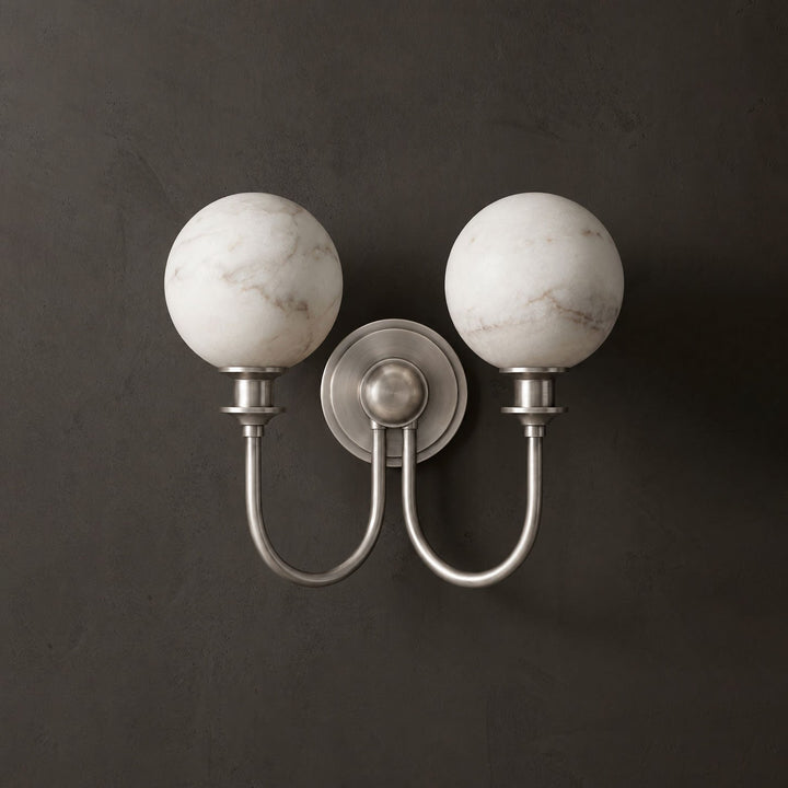 Alabaster Double Wall Sconce Two Globes Curved Arms 13.5 in Brushed Nickel 1
