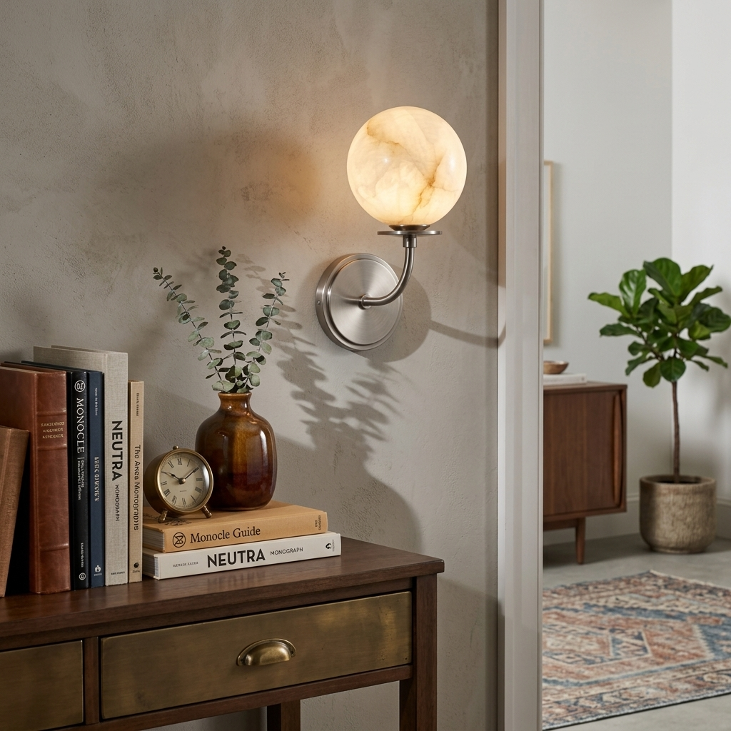 Alabaster Globe Wall Sconce Curved Arm Bobeche 12.2 in 3