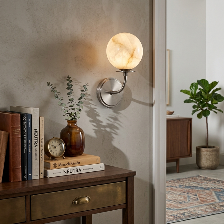 Alabaster Globe Wall Sconce Curved Arm Bobeche 12.2 in 3
