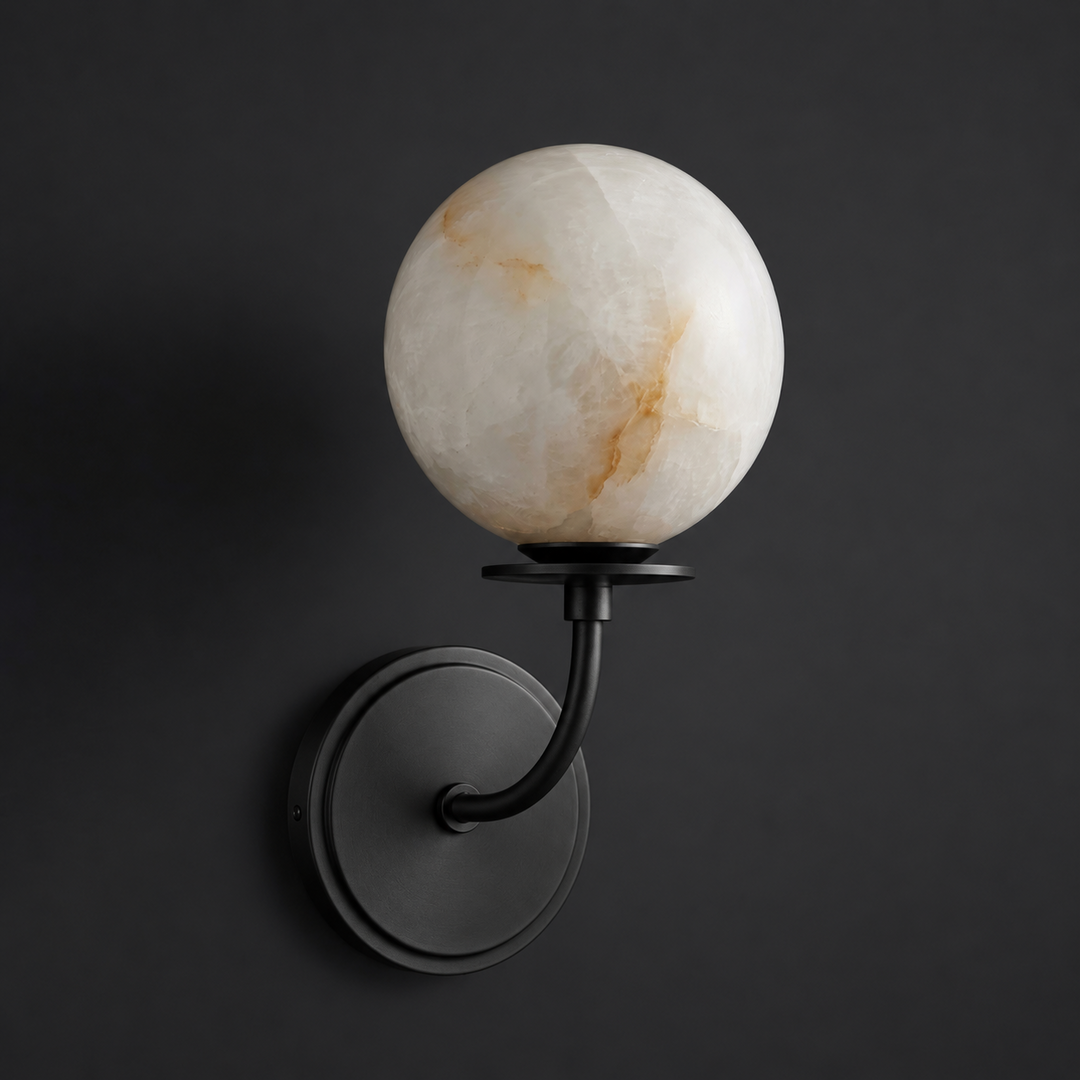 Alabaster Globe Wall Sconce Curved Arm Bobeche 12.2 in Black 1