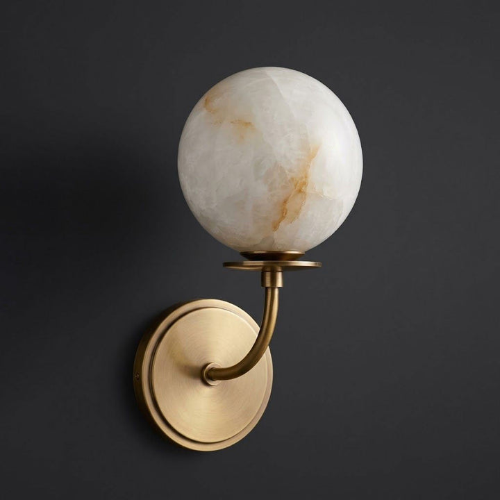 Alabaster Globe Wall Sconce Curved Arm Bobeche 12.2 in Brass 1