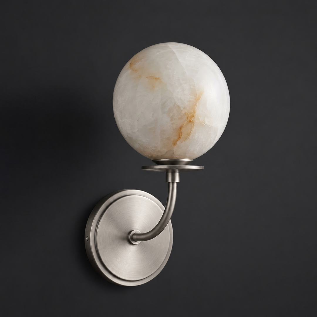 Alabaster Globe Wall Sconce Curved Arm Bobeche 12.2 in Brushed Nickel 1