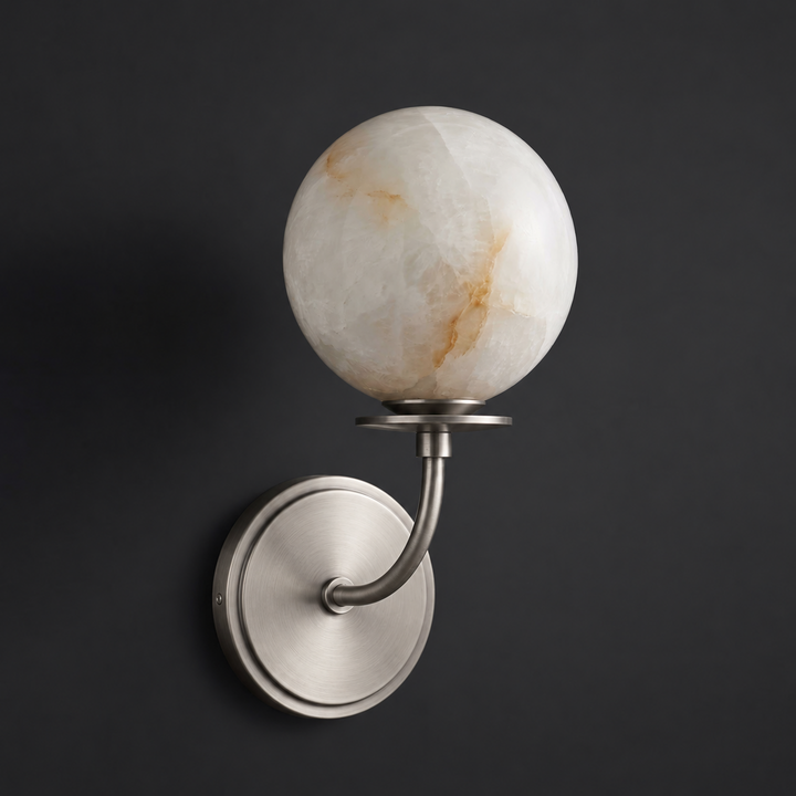 Alabaster Globe Wall Sconce Curved Arm Bobeche 12.2 in Brushed Nickel 1