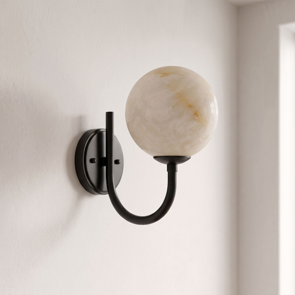 Alabaster Globe Wall Sconce Curved J Arm 9.8 in Set of 3 Black 1