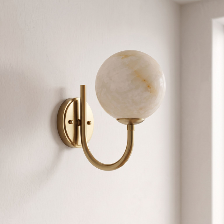 Alabaster Globe Wall Sconce Curved J Arm 9.8 in Set of 3 Brass 1