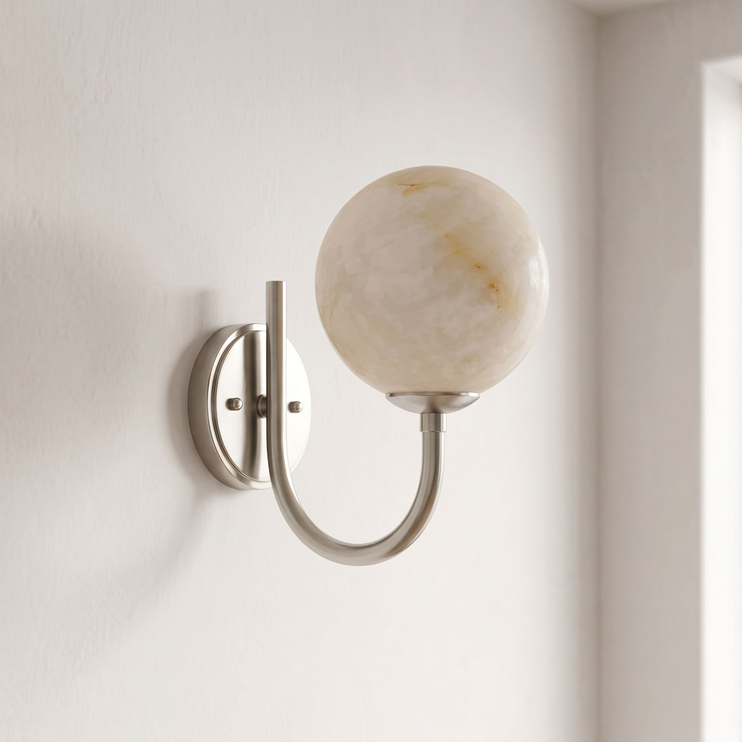 Alabaster Globe Wall Sconce Curved J Arm 9.8 in Set of 3 Brushed Nickel 1