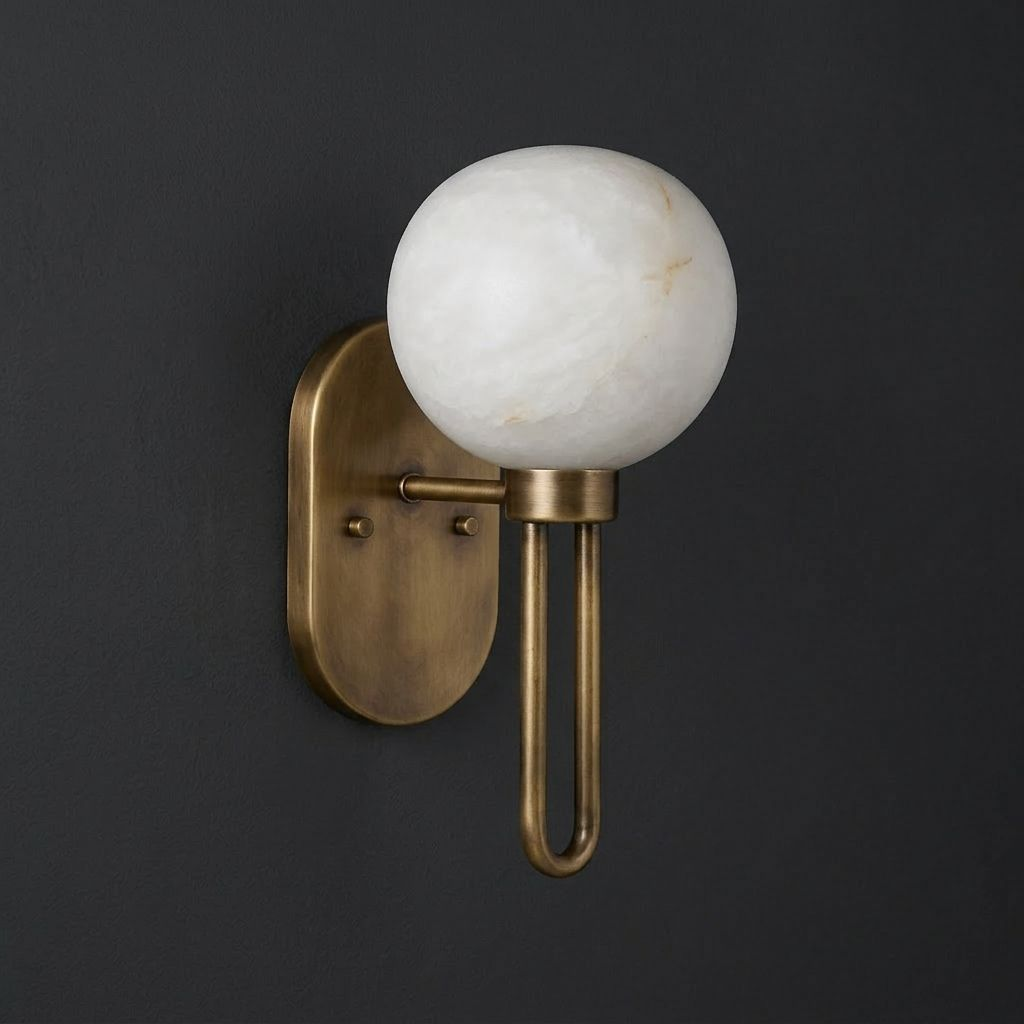 Alabaster Globe Wall Sconce U Loop Arm 13.8 in Set of 2 Brass 1