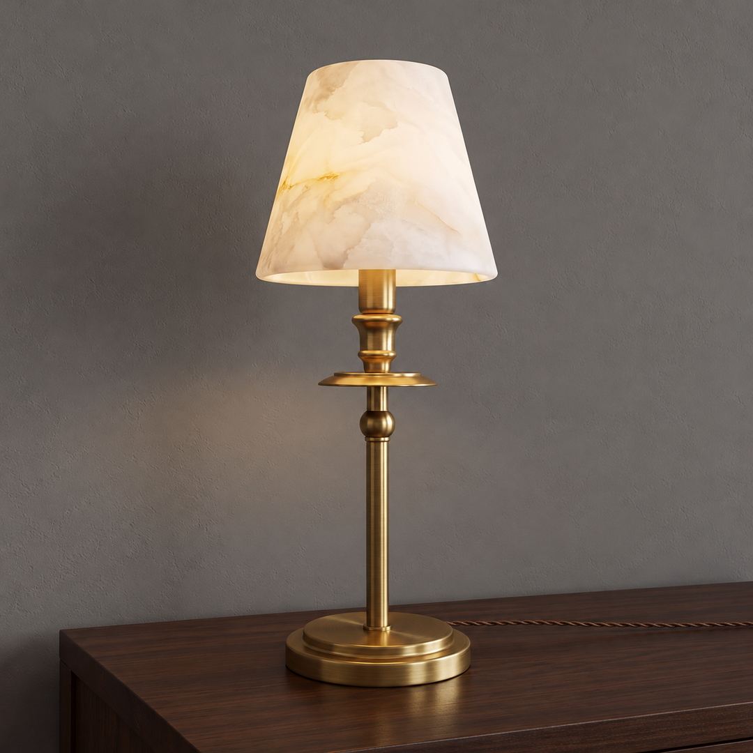 Alabaster Shade Candlestick Table Lamp 12.2 in Brass 1