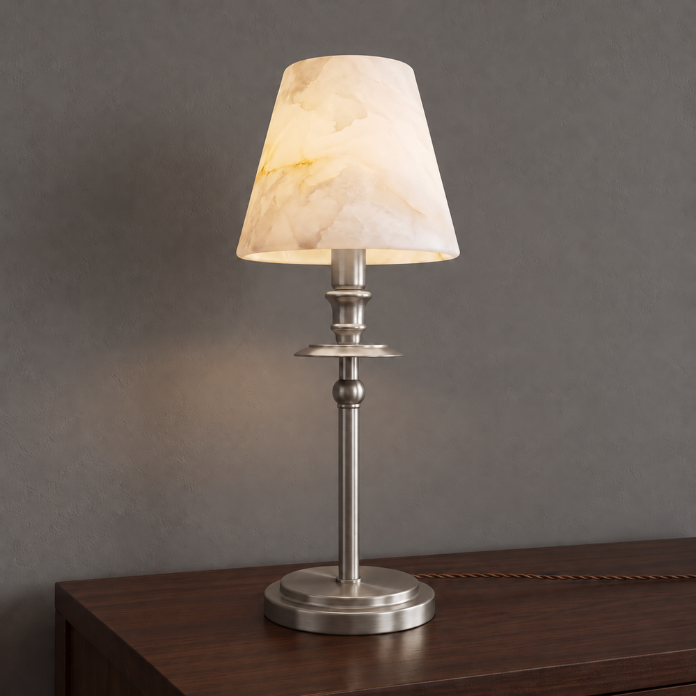 Alabaster Shade Candlestick Table Lamp 12.2 in Brushed Nickel 1