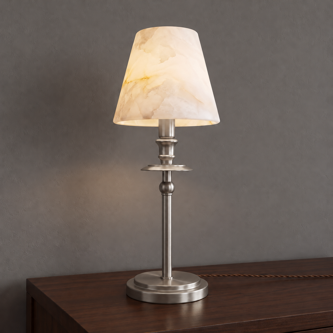Alabaster Shade Candlestick Table Lamp 12.2 in Brushed Nickel 1