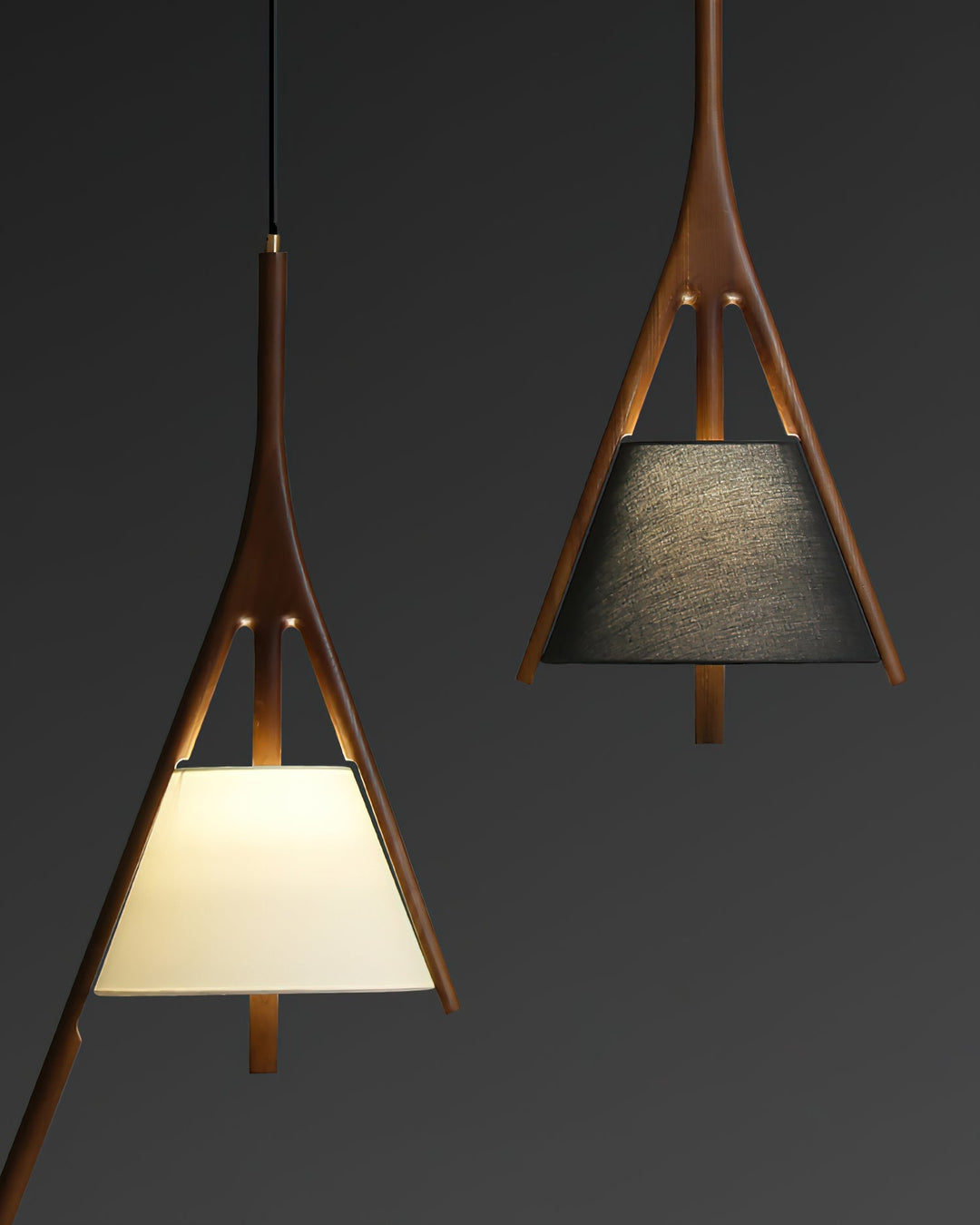 Angled Wood Arm Pendant Light Black Cone Shade 9.8 in Set of 3 1