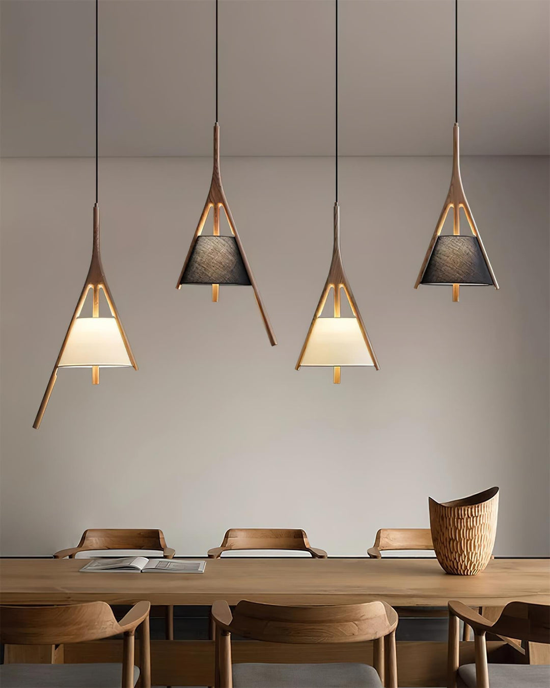 Angled Wood Arm Pendant Light Black Cone Shade 9.8 in Set of 3 4