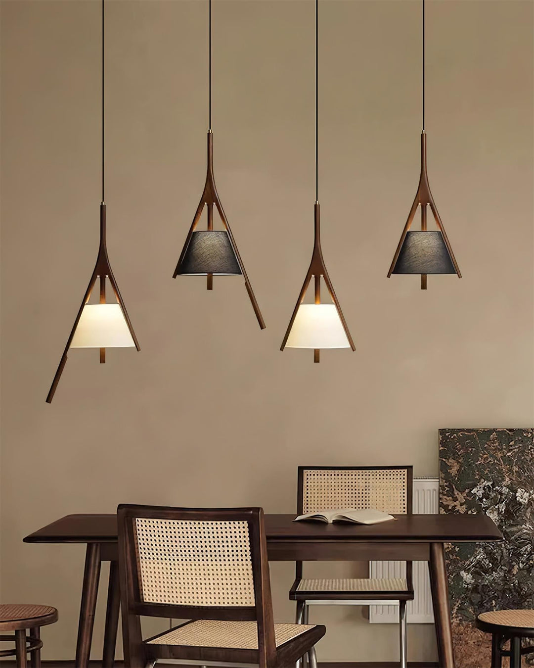 Angled Wood Arm Pendant Light Black Cone Shade 9.8 in Set of 3 5