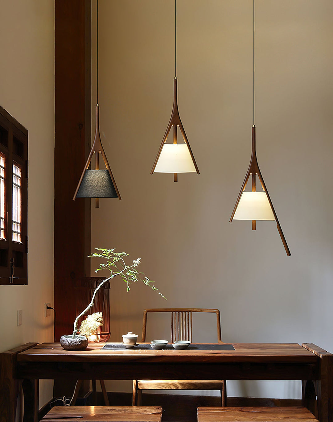 Angled Wood Arm Pendant Light Black Cone Shade 9.8 in Set of 3 6