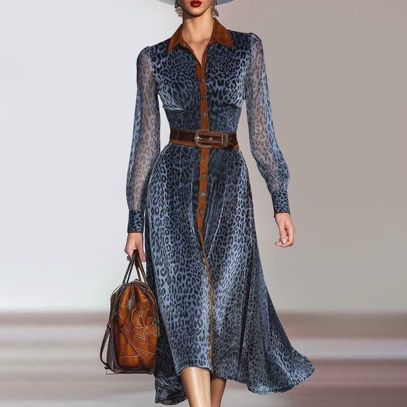 Belted Leopard Print Shirt Midi Dress Blue Leopard 1