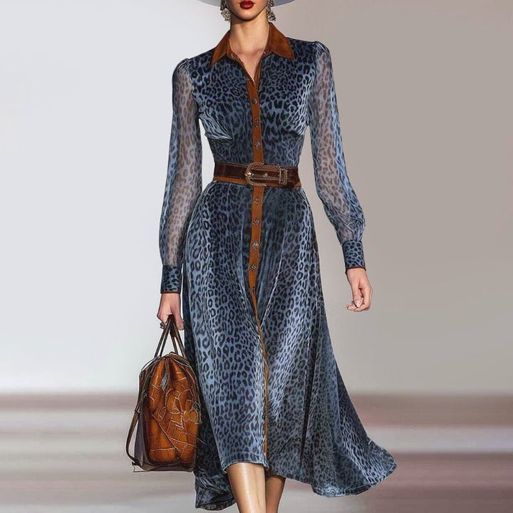 Belted Leopard Print Shirt Midi Dress Blue Leopard 1