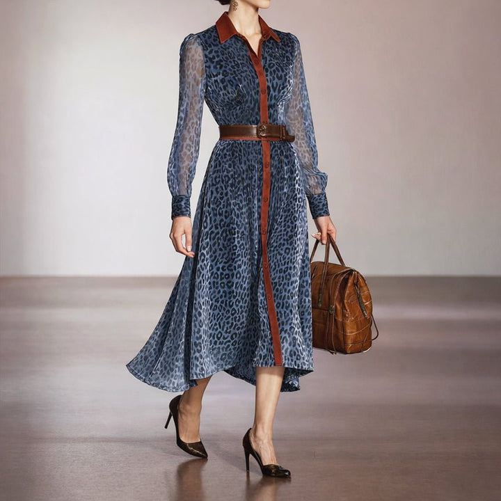 Belted Leopard Print Shirt Midi Dress Blue Leopard 2