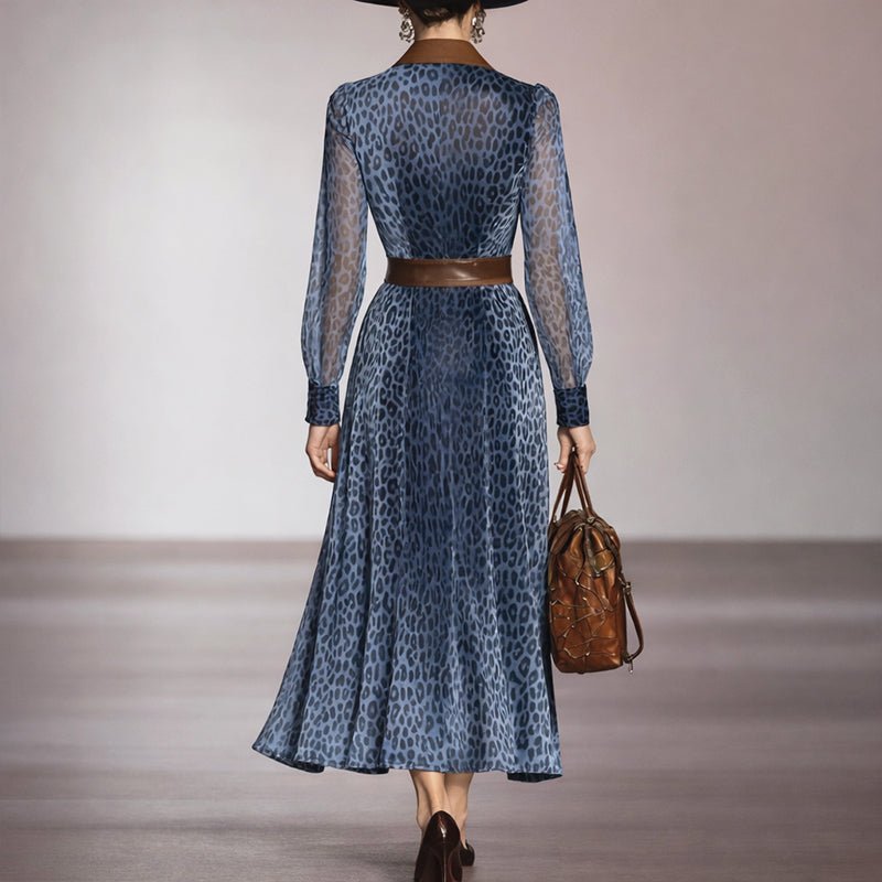 Belted Leopard Print Shirt Midi Dress Blue Leopard 3