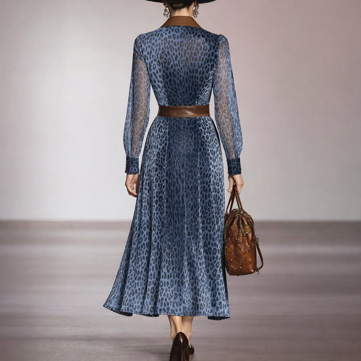 Belted Leopard Print Shirt Midi Dress Blue Leopard 3