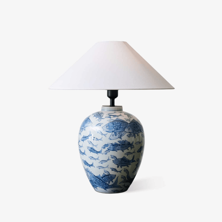 Blue Fish Porcelain Table Lamp White Linen Shade 19.7 in Set of 2 1